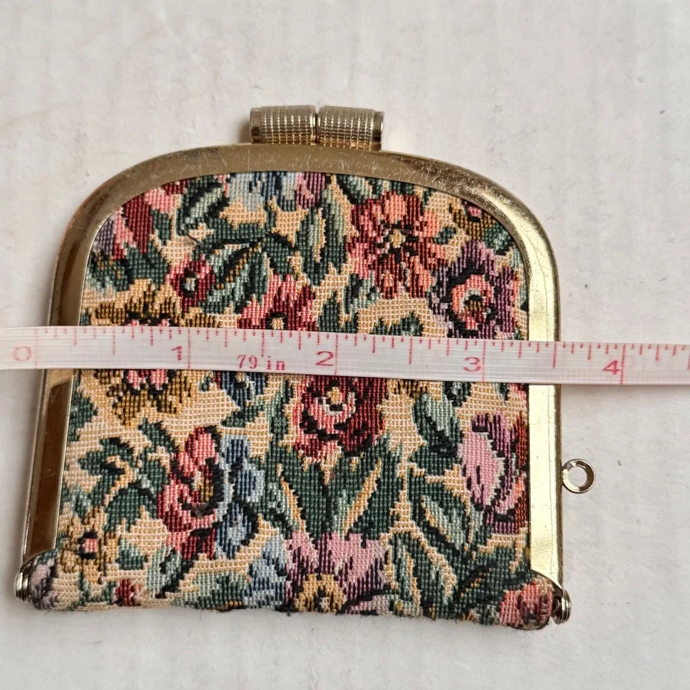 Vintage Floral Tapestry Coin Purse Kiss Lock Gold Tone Dual Compartment Mini Bag